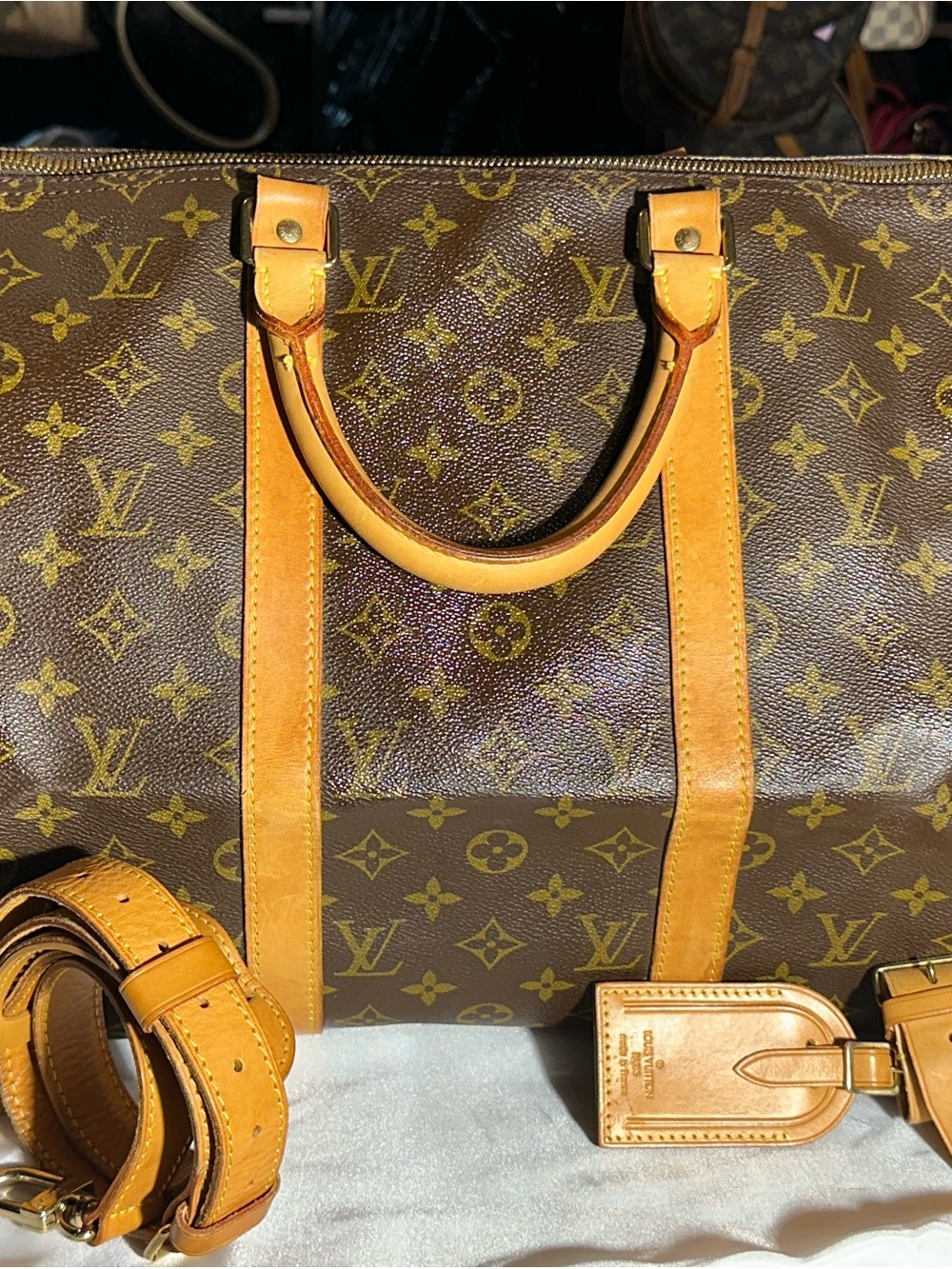 Louis Vuitton Brown Monogram Canvas Keepall 55 with Tan Leather Trim
